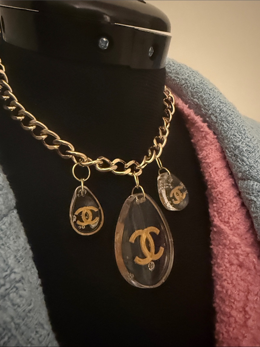 Bold Gold-Tone Chain Necklace with Black Enamel CC Pendants
